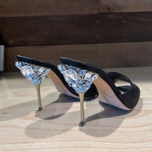 Miu Miu black satin crystal embellished slide heels